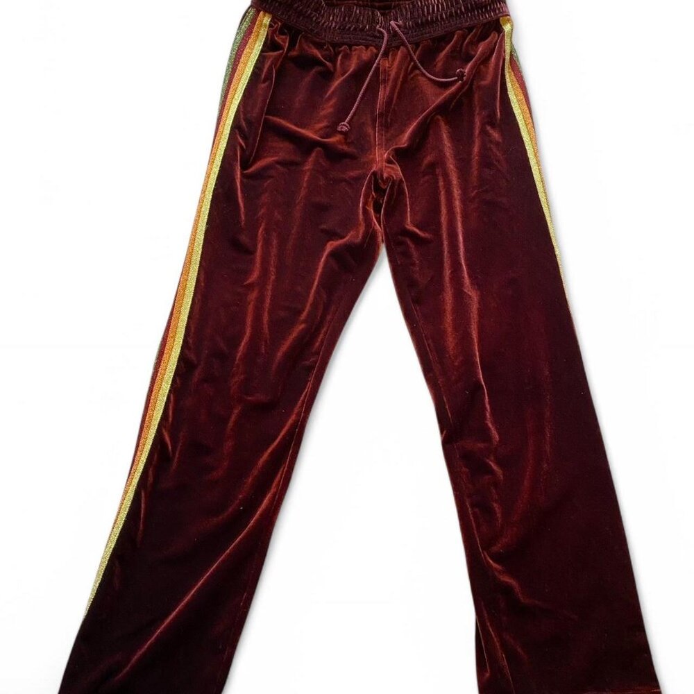 Mother Maroon Velour Straight Leg Track Pants With Glitter Stripe Medium EUC